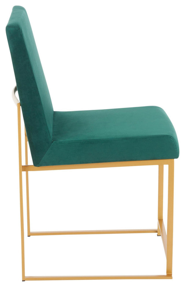 High Back Fuji Dining Chair, Set of 2, Gold Metal, Green  Velvet