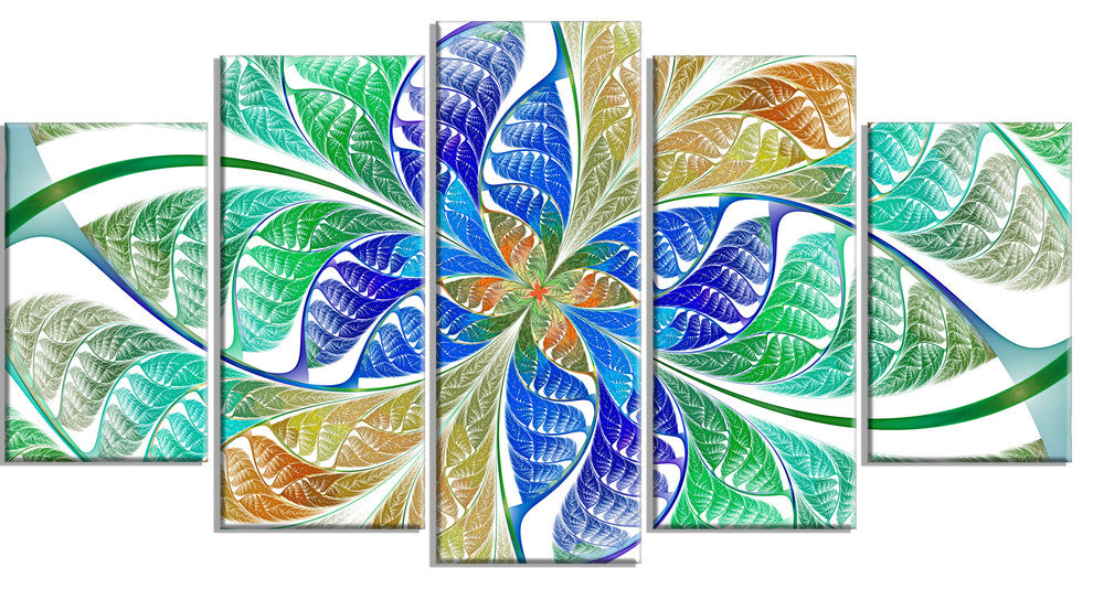 Light Blue Fractal Stained Glass, Abstract Canvas Art Print, 60"x32", 5 Panels