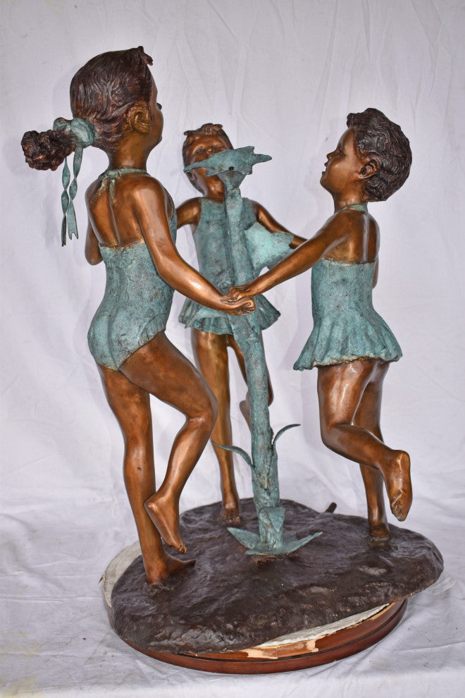 Three Girls Dancing Around Water Fountain Bronze Statue - Size: 35" x 24" x 38