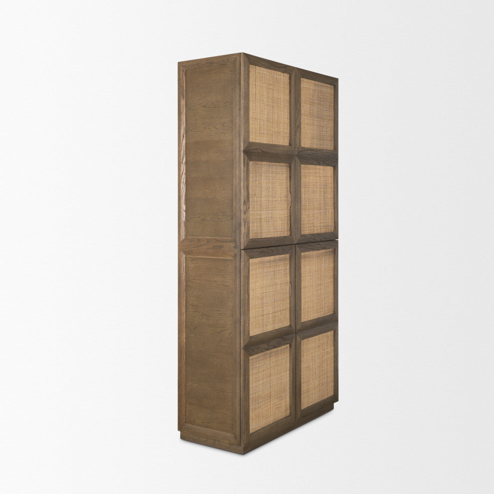 Sina Gray Brown Oak Wood w/ Natural Rattan 2 Door Curio Cabinet