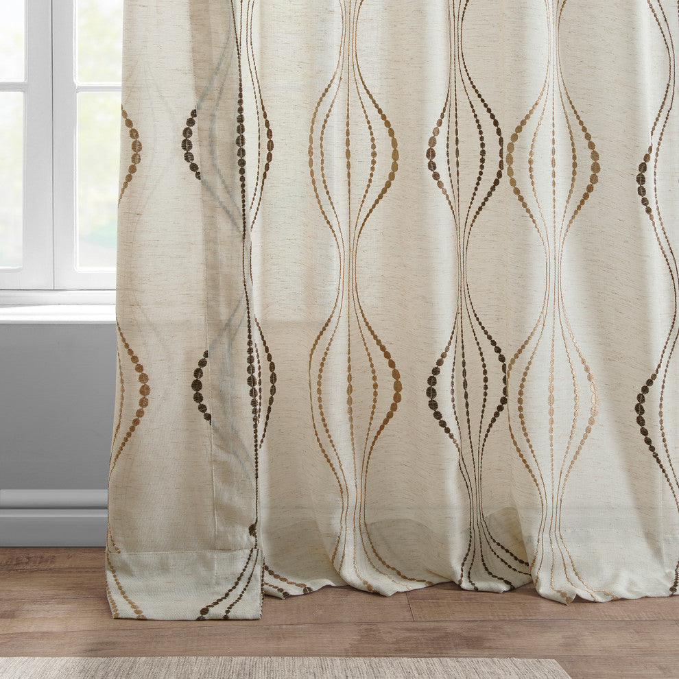 Suez Bronze Embroidered FauxLinen Sheer Curtain Single Panel, 50"x96"