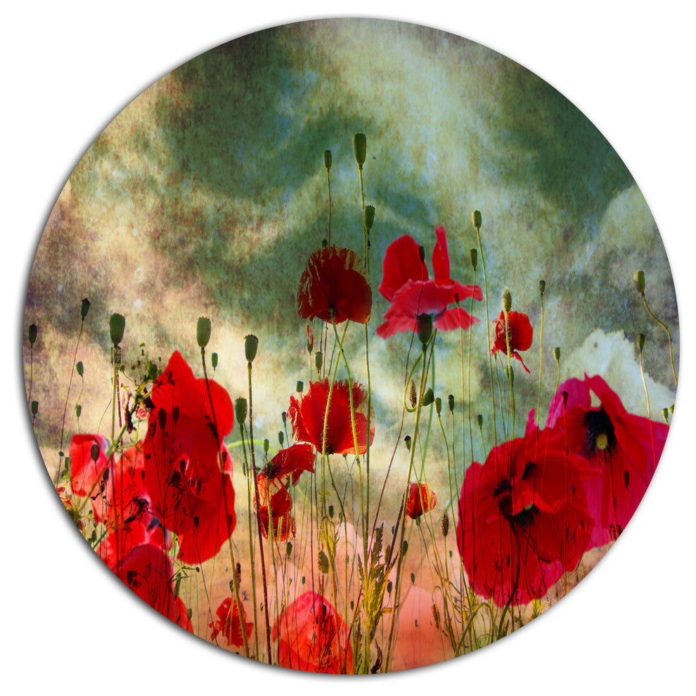 Wild Red Poppy Flowers In Sky, Floral Disc Metal Wall Art, 11"