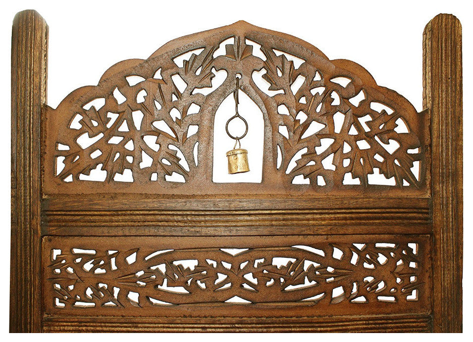 Handcrafted Wooden 4 Panel Room Divider Screen With Tiny Bells -Reversible