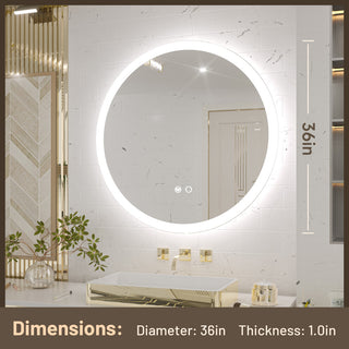 Round LED Bathroom Mirror With Front Lights, Anti-Fog/Dimmable, 36" Diameter