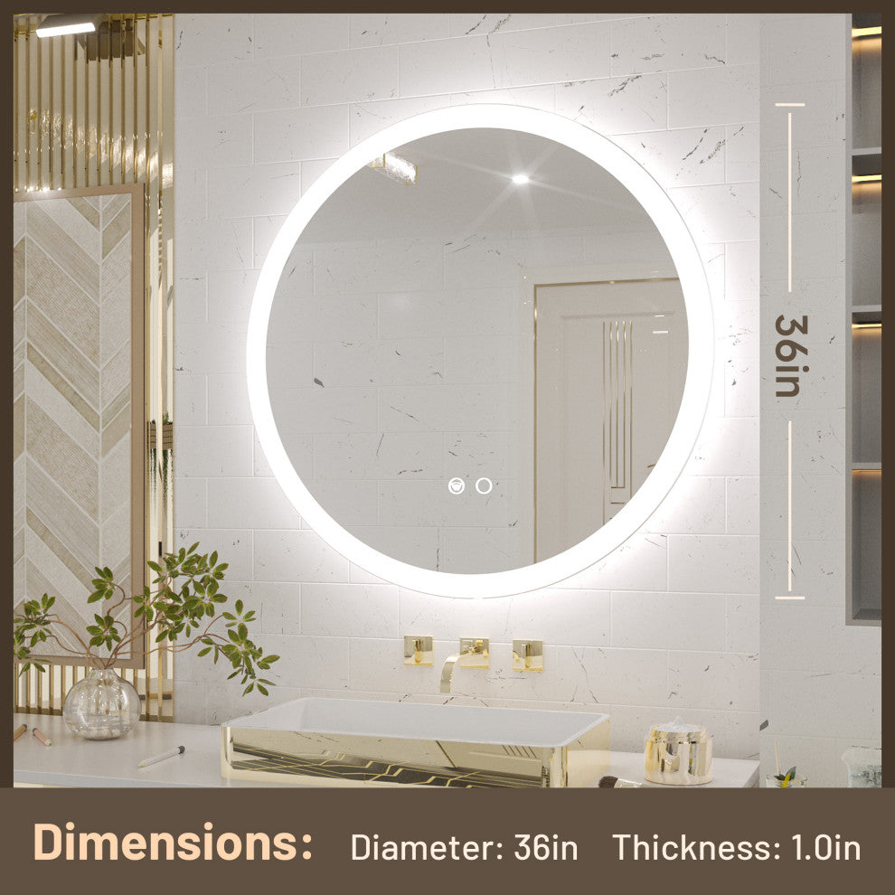 Round LED Bathroom Mirror With Front Lights, Anti-Fog/Dimmable, 36" Diameter