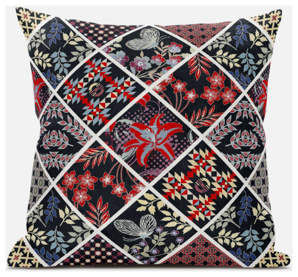 16 Black Red Patch Suede Zippered Throw Pillow