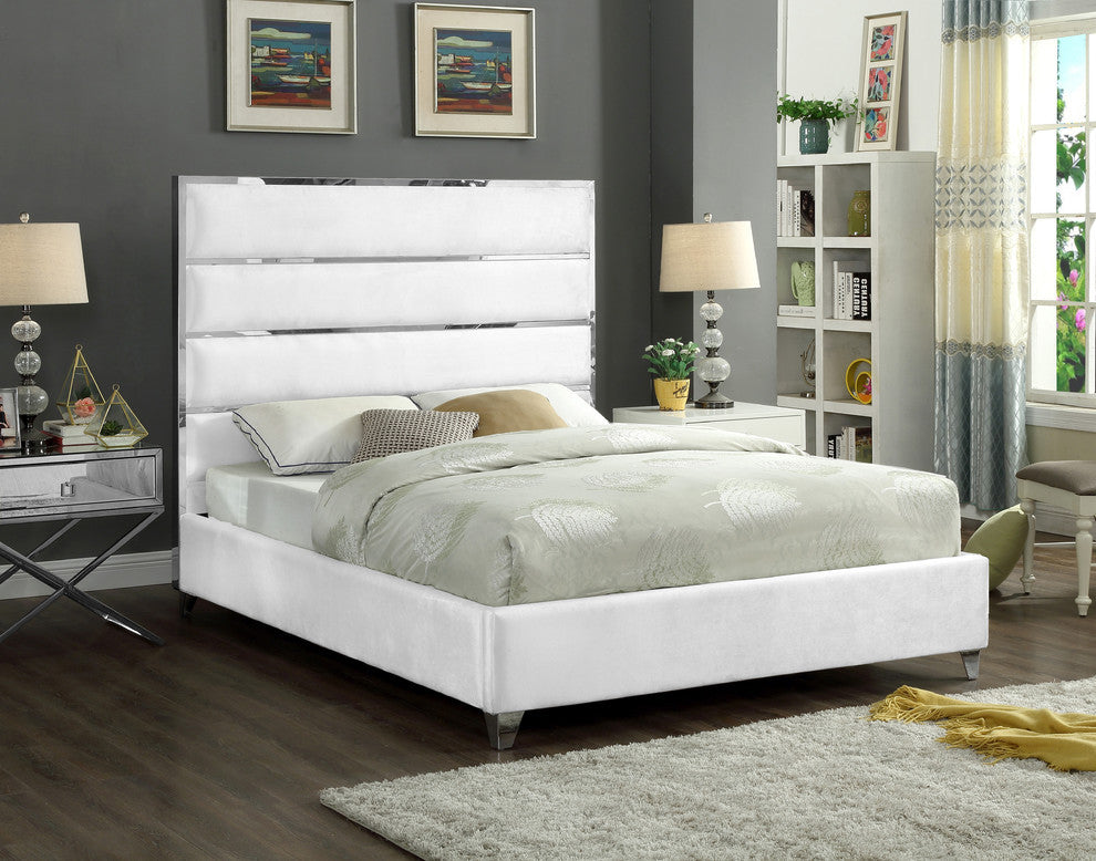 Zuma Velvet Upholstered Bed, White, Queen