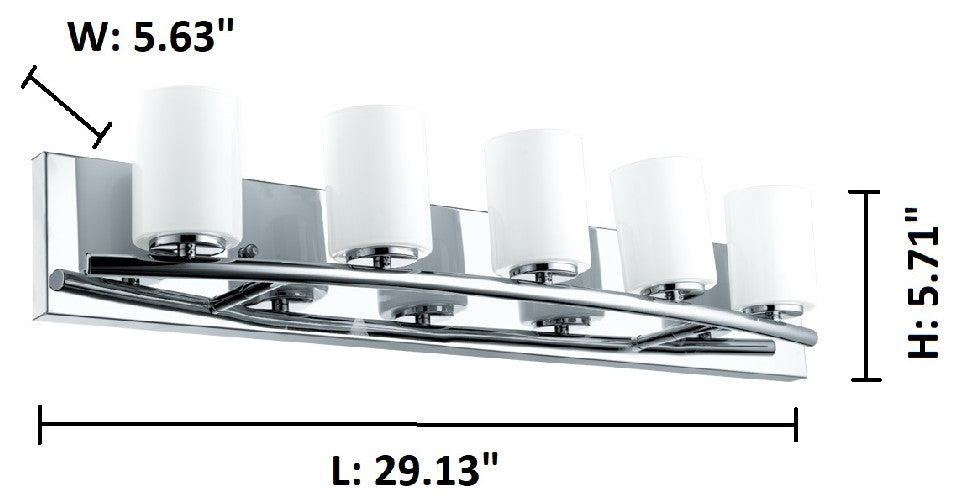 5x40W Bath Vanity Light With Chrome Finish and White Glass