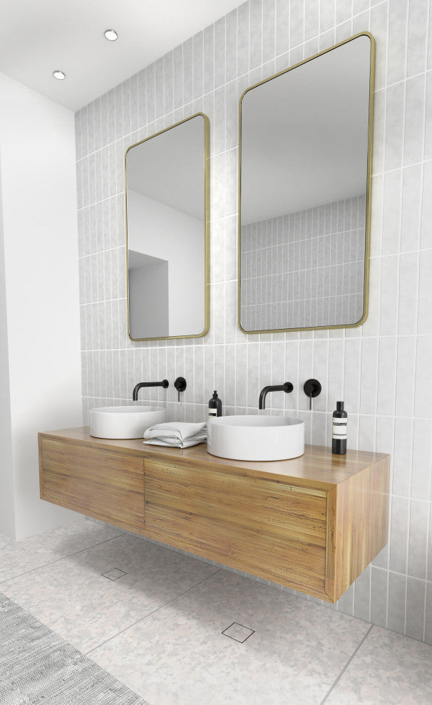 22" W X 40" H Radius Corner Stainless Steel Framed Mirror, Satin Brass