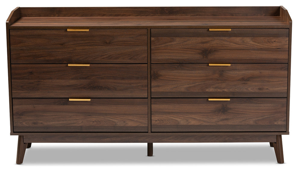 Kayley Mid-Century Modern Walnut Brown 6-Drawer Wood Dresser