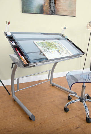 Triflex Drawing Drafting Standing Table, Silver/Blue Glass