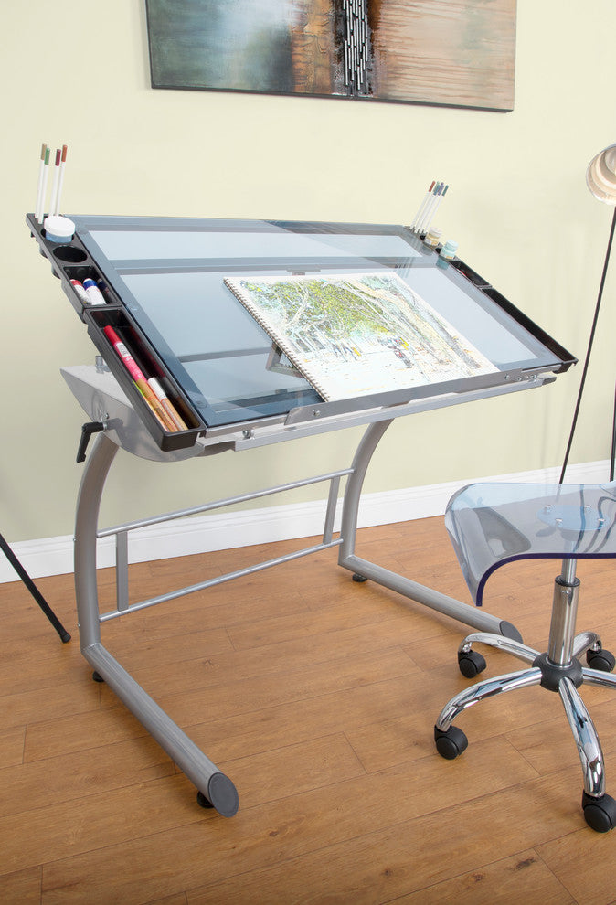 Triflex Drawing Drafting Standing Table, Silver/Blue Glass