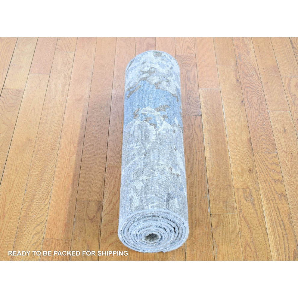 Gray, Modern Abstract Design, Hand Knotted Pure Wool, Runner Rug, 2'6"x10'6"