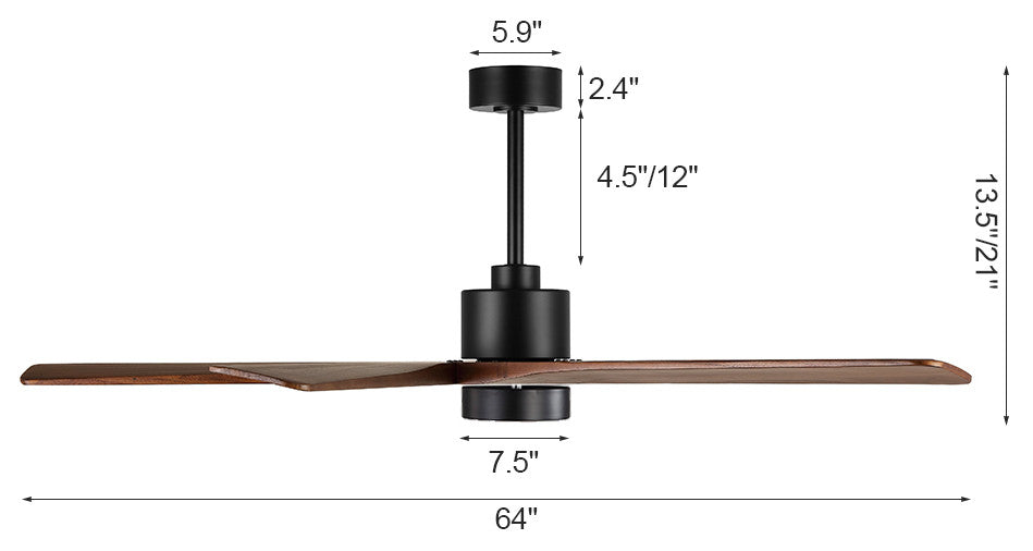 64" 5-Blade LED Ceiling Fan With Light Kit and Remote Control, Black/Walnut