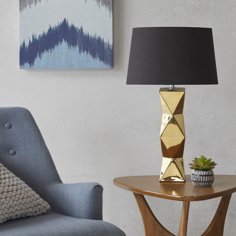 INK+IVY Kenlyn Geometric Ceramic Table Lamp, White, Gold