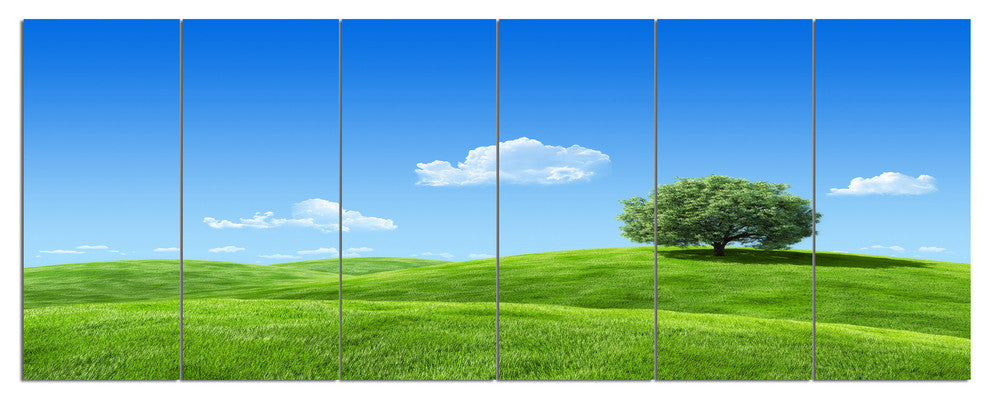 Calm Meadow with Single Tree, Landscape Canvas Art Print, 70"x28", 6 Panels