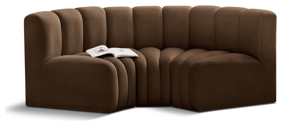 Arc Velvet Upholstered 3-Pc. Inward Curved Modular Sectional, Brown
