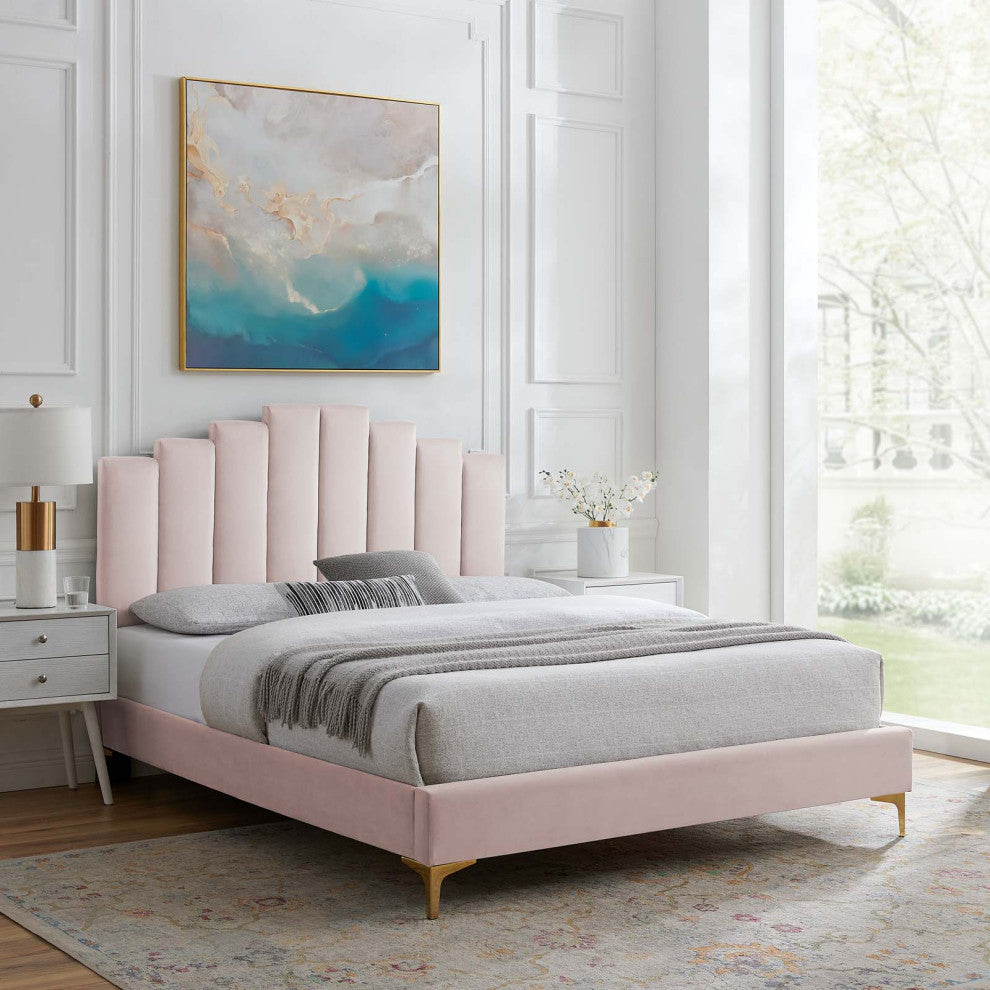 Platform Bed Frame, King Size, Velvet, Pink, Modern Contemporary, Bedroom Master