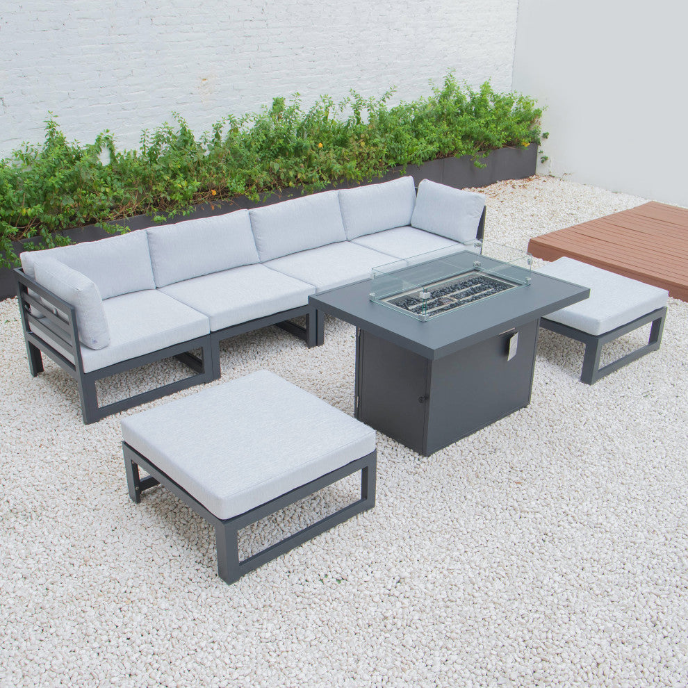 LeisureMod Chelsea 7-Piece Outdoor Sectional With Fire Pit Table, Light Gray