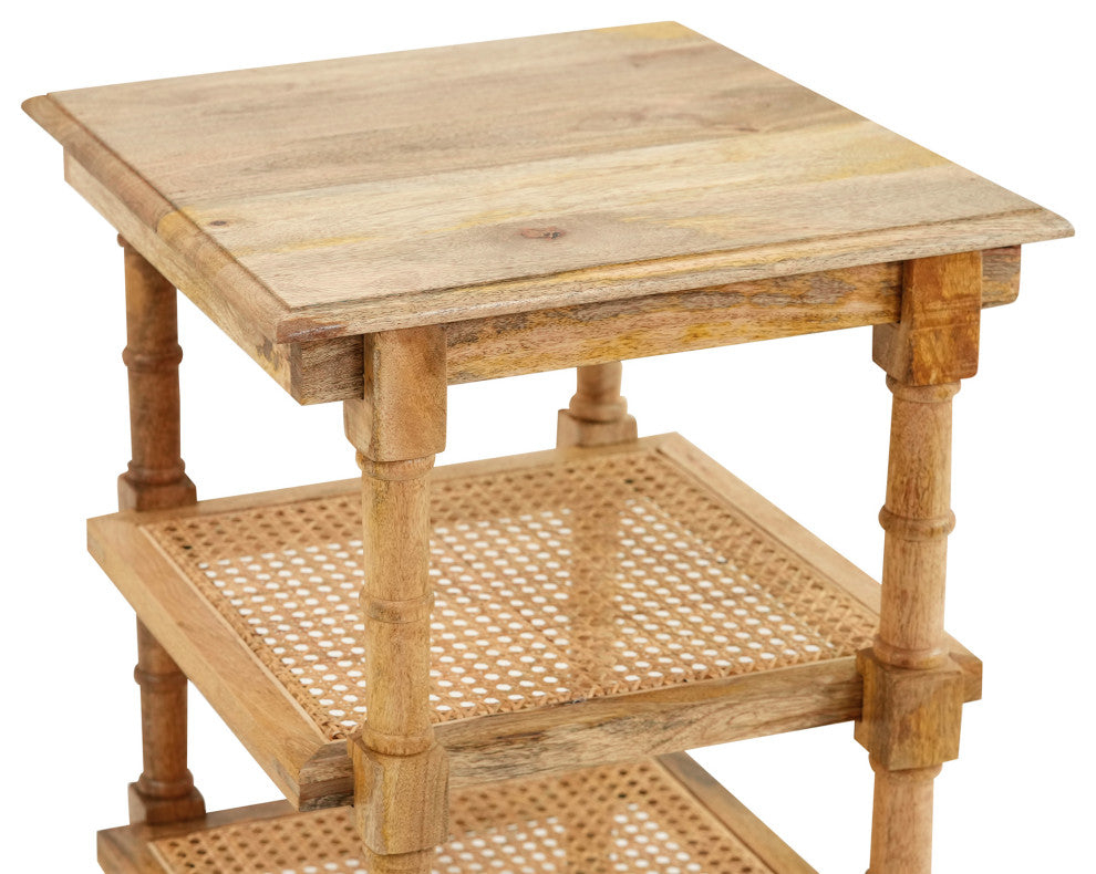 Chesterfield Wood and Cane 3 Shelf Accent Table, Natural Mango