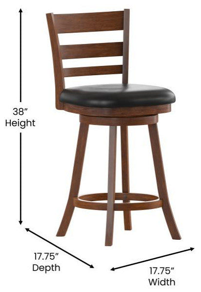 Zerrick Ladderback Swivel Counter Height Barstool with Padded Seat, Black Vinyl/Antique Oak Frame
