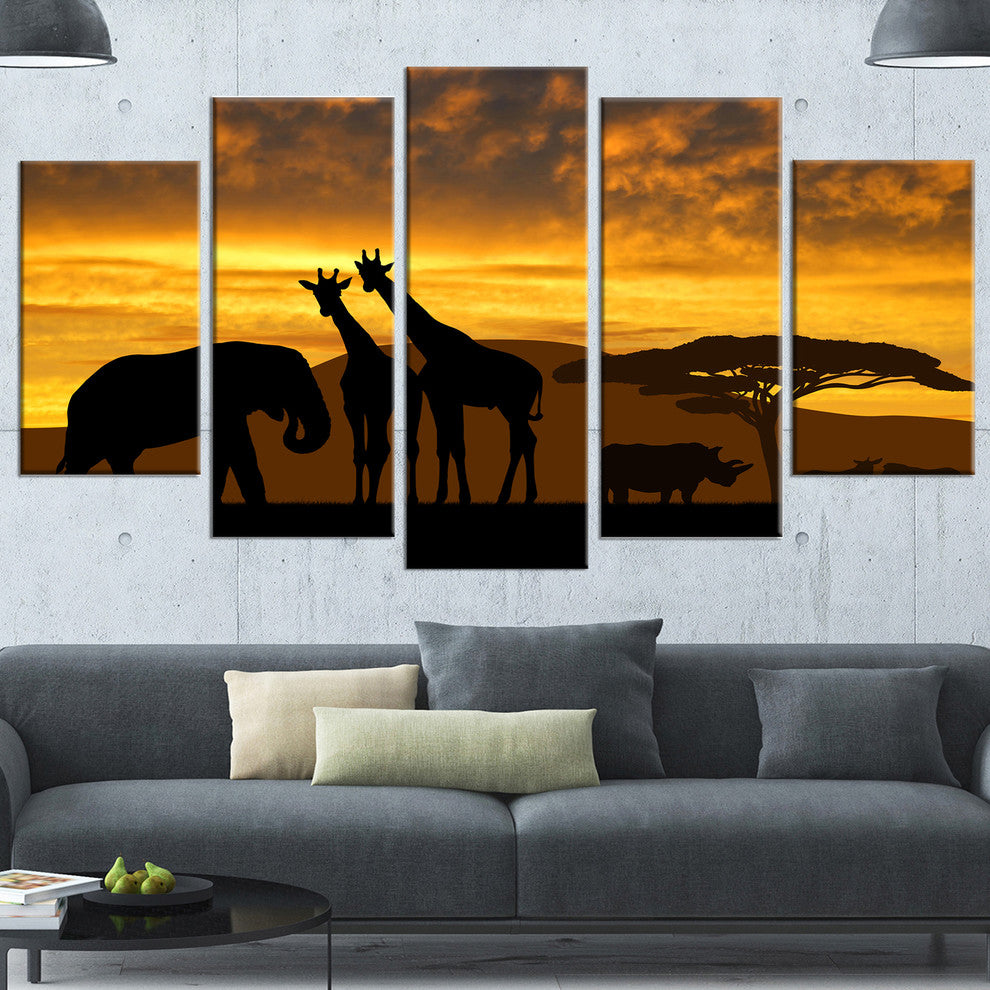 Giraffes and Elephant and Rhino, African Canvas Art Print, 60"x32", 5 Panels