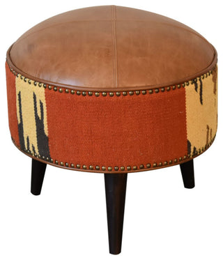 Durrie and Leather Mixed Footstool