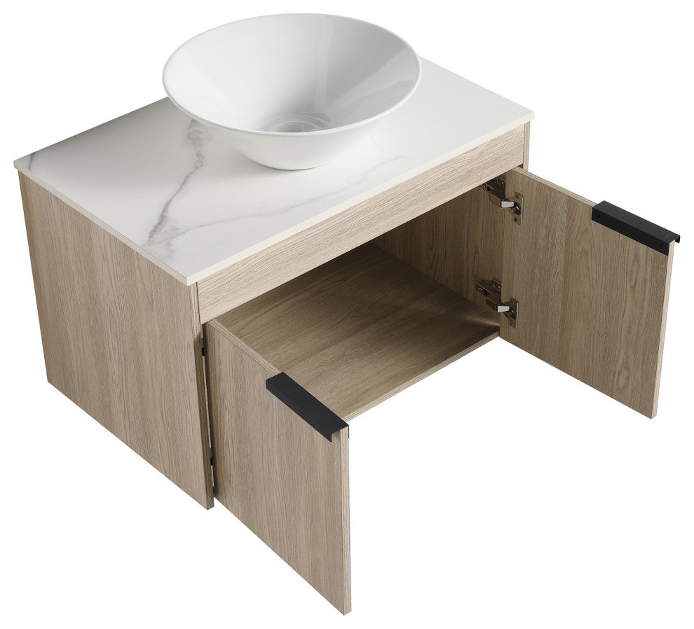 Wall-Mounted Bath Vanity, White Oak, White Ceramic Vessel Sink