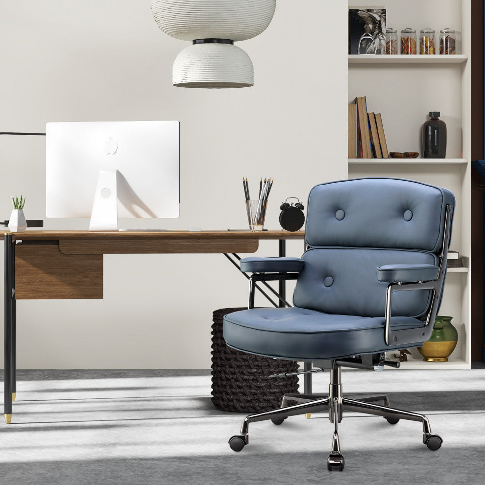 Lobby Mid Back Computer Office Desk Chair, Black Chrome& Navy Blue
