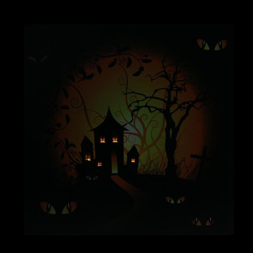 LED Lighted Spooky House and Eyes Halloween Canvas Wall Art 19.75"x19.75"