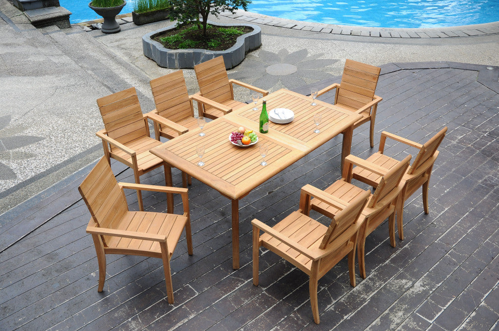 9-Piece Outdoor Teak Dining Set: 94" Rectangle Table, 8 Alps Stacking Arm Chairs