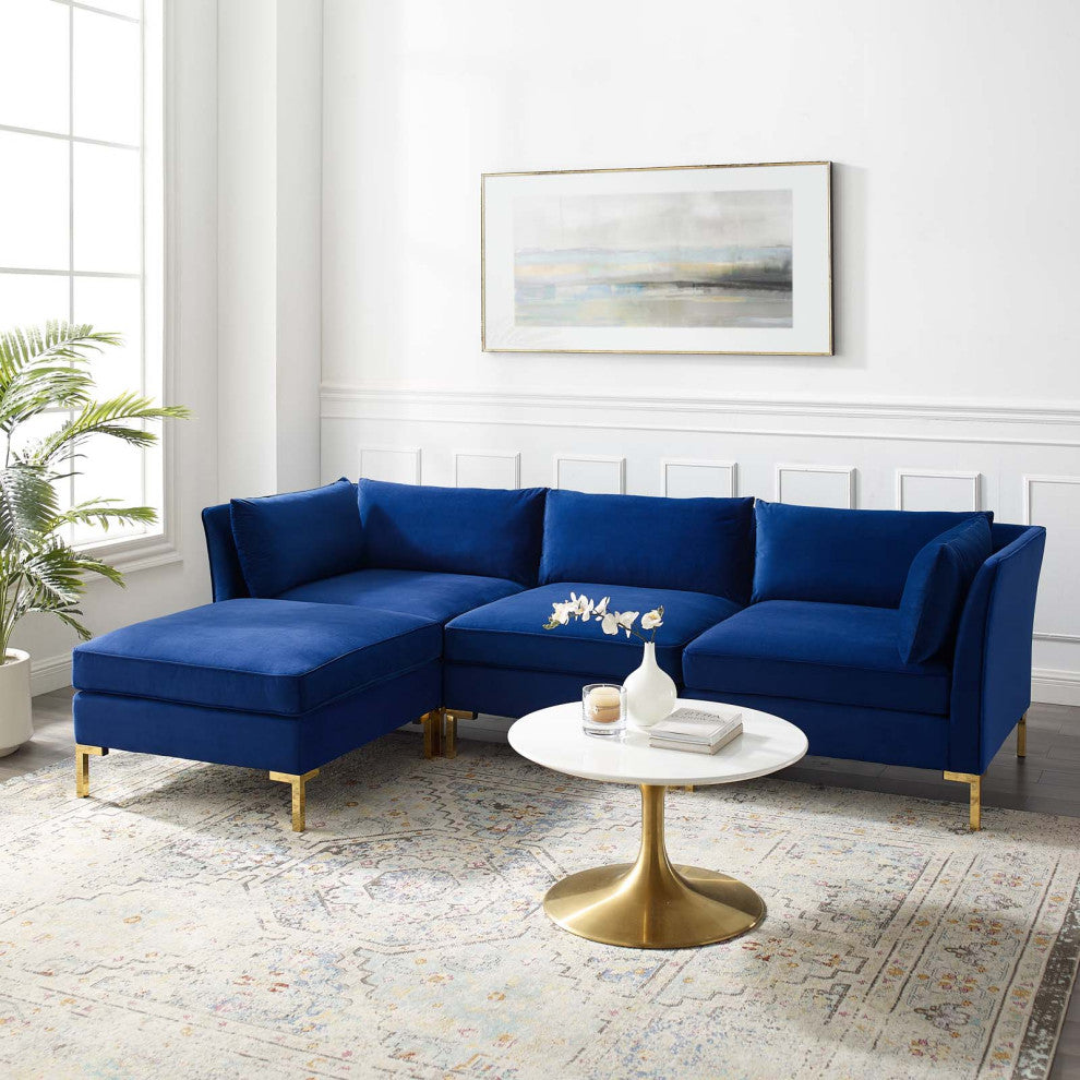 Sectional Sofa Set, Velvet, Blue Navy, Modern, Living Lounge Hotel Hospitality