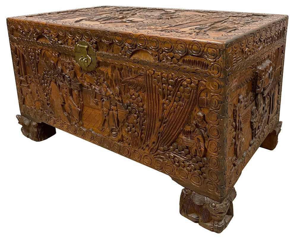 Consigned Early 20th Century Chinese Carved Camphor Wood Hope Chest