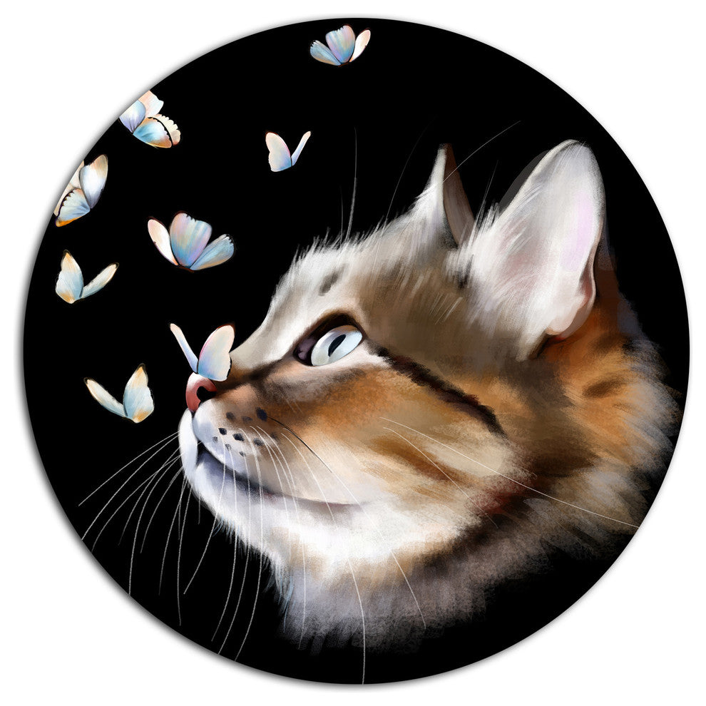 Cat With Butterflies On Black, Modern Animal Round Metal Wall Art, 11"
