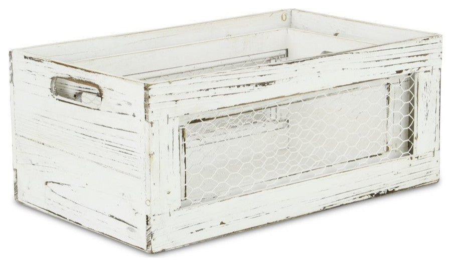 Set of Two Rustic Whitewash Chicken Wire Sides Wooden Crates