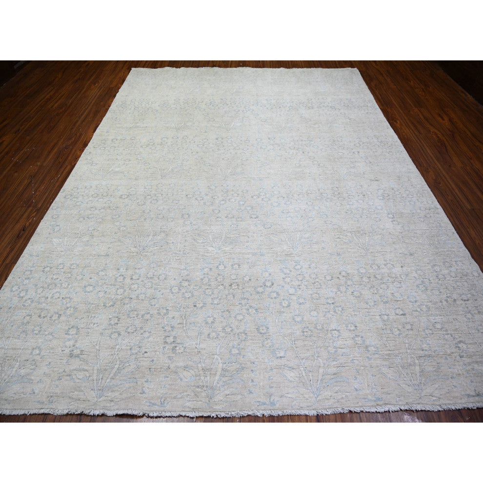 Gray Stone Washed Peshawar Wool Hand Knotted Oriental Rug, 8'7"x11'5"