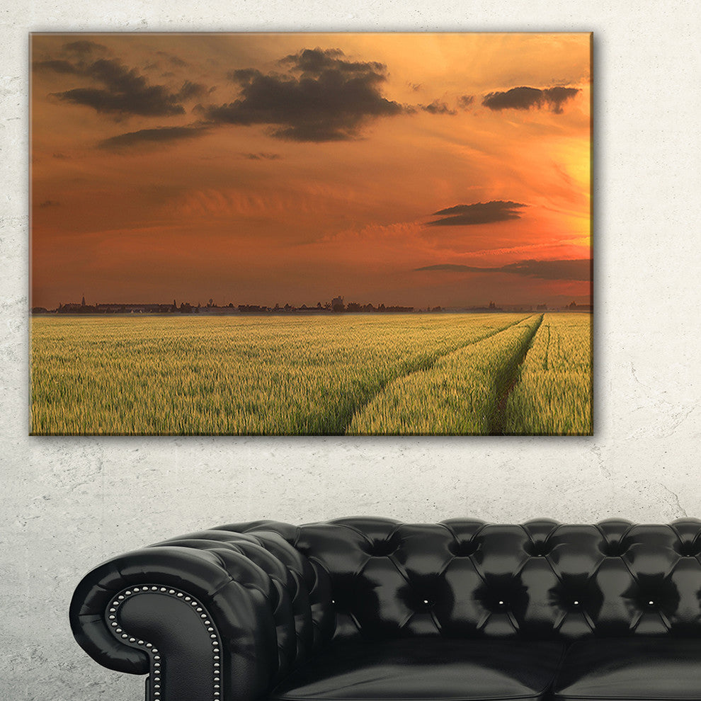"Sunset Over A Field of Cereals" Extra Large Wall Art Landscape, 32"x16"