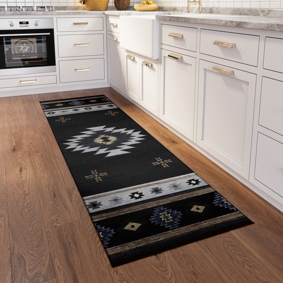 Indoor/Outdoor Phoenix PH4 Black Machine Washable 2'3" x 7'6" Runner Rug