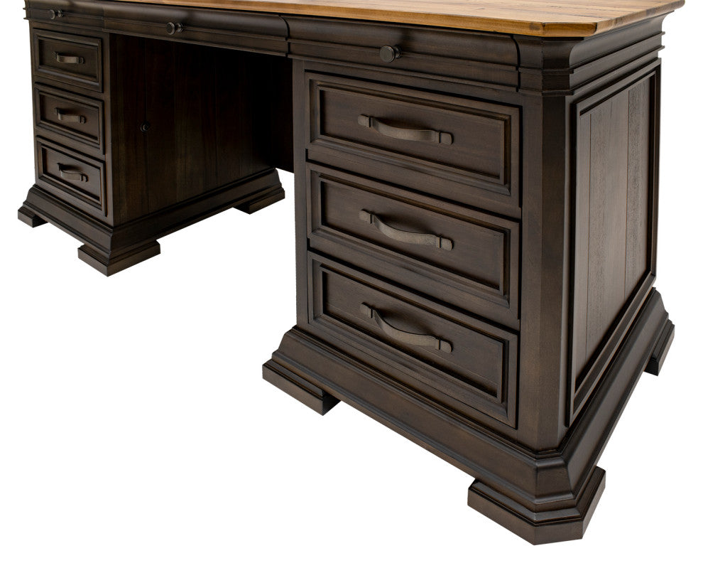 Executive Credenza, Desk With Solid Wood Plank Top, Fully Assembled, Brown