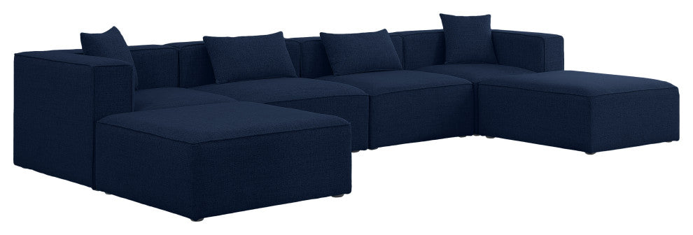 Cube Upholstered Modular Sectional, Navy, 6-Piece: 2 Armless Chair, 2 Corner Chair, 2 Ottoman, Linen Texured Fabric