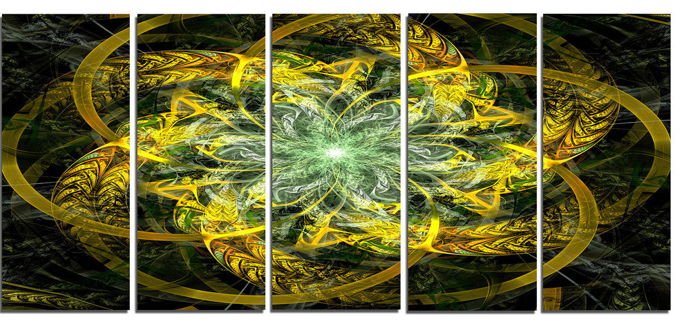 Yellow and Green Fractal Flower, Abstract Canvas Art Print, 60"x28", 5 Panels