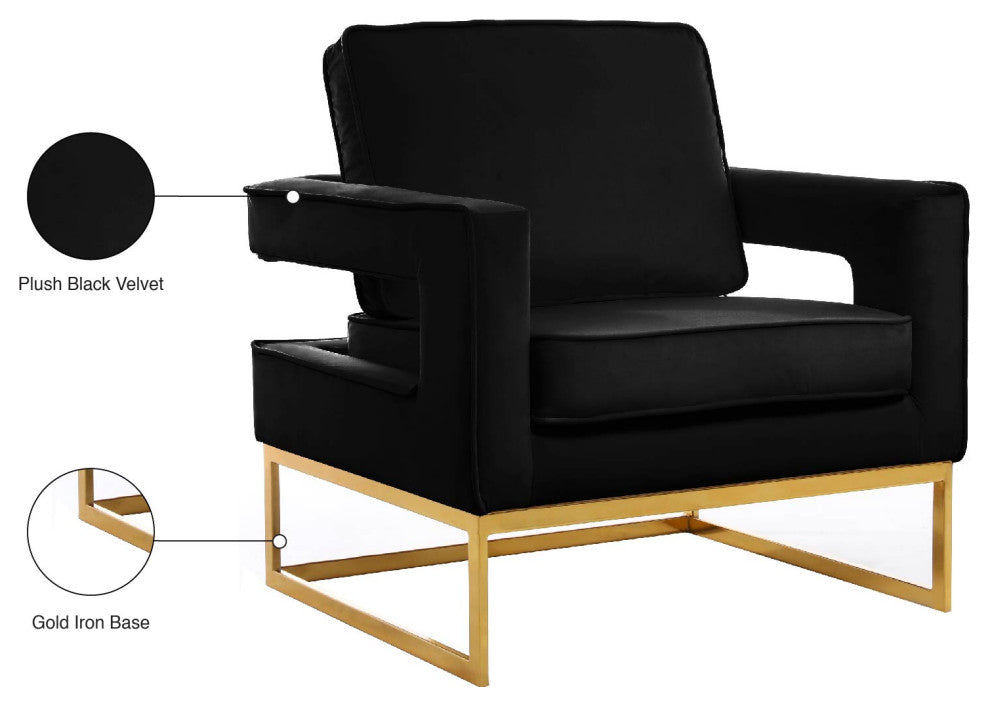 Noah Velvet Upholstered Accent Chair, Black, Gold Base