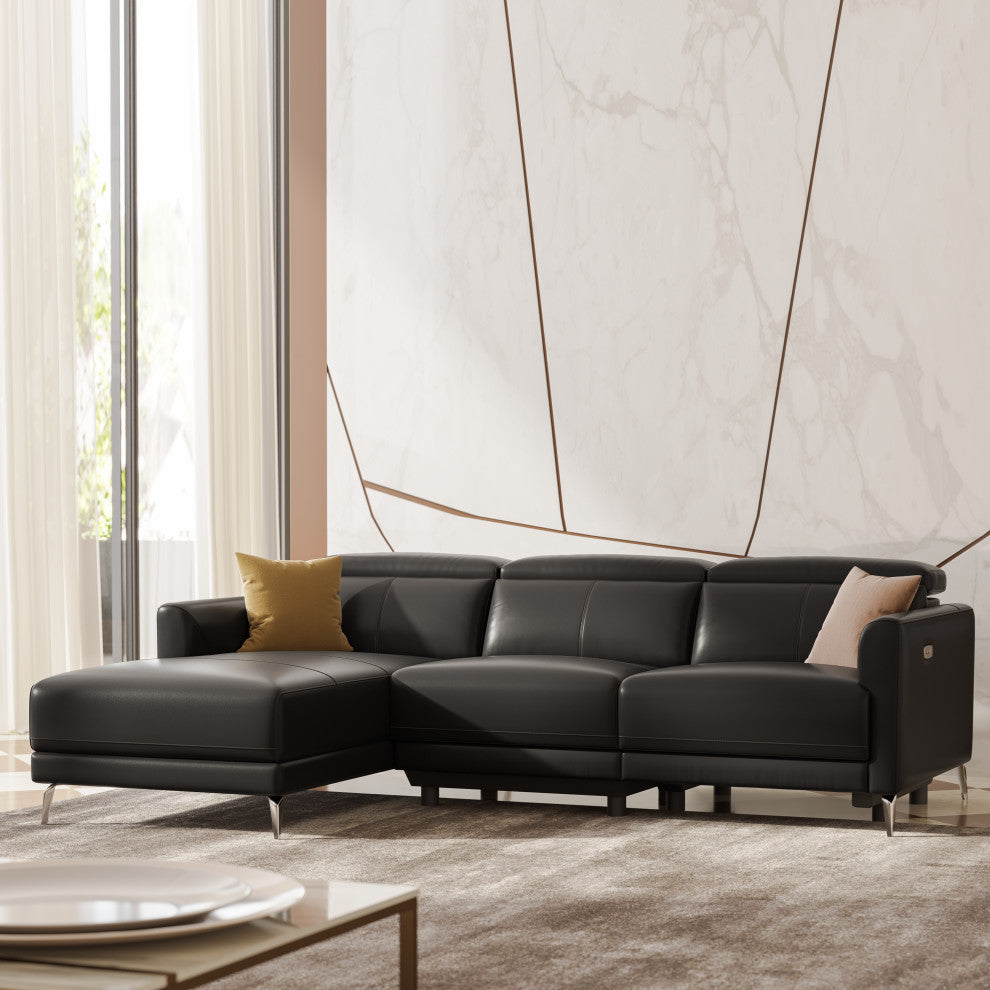Valencia Andria Leather Reclining Sectional Sofa Left Hand Chaise, Black