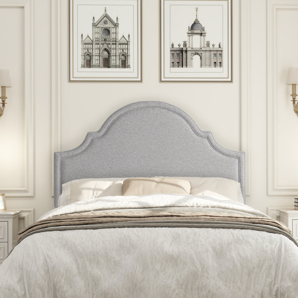 Catherine Arched Upholstered Camelback Headboard, Light Gray, Queen