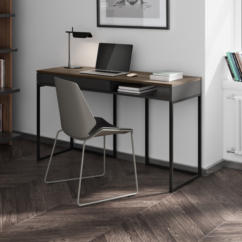 Modern Small Home Desk, Walnut, Black Legs