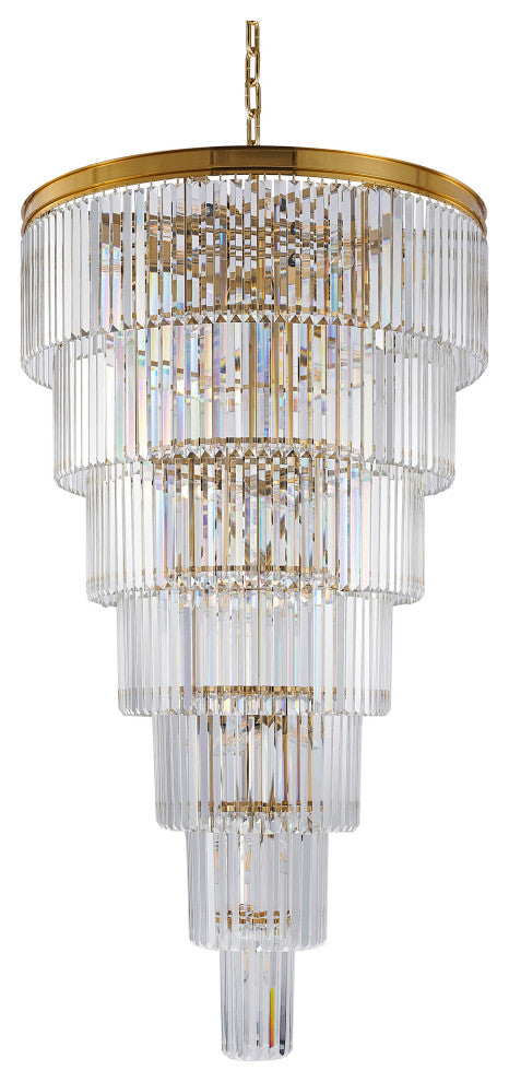 36" 34-Light Brass Metal 7-Tier Chandelier With Clear Crystals, Brass, D36'' H72''