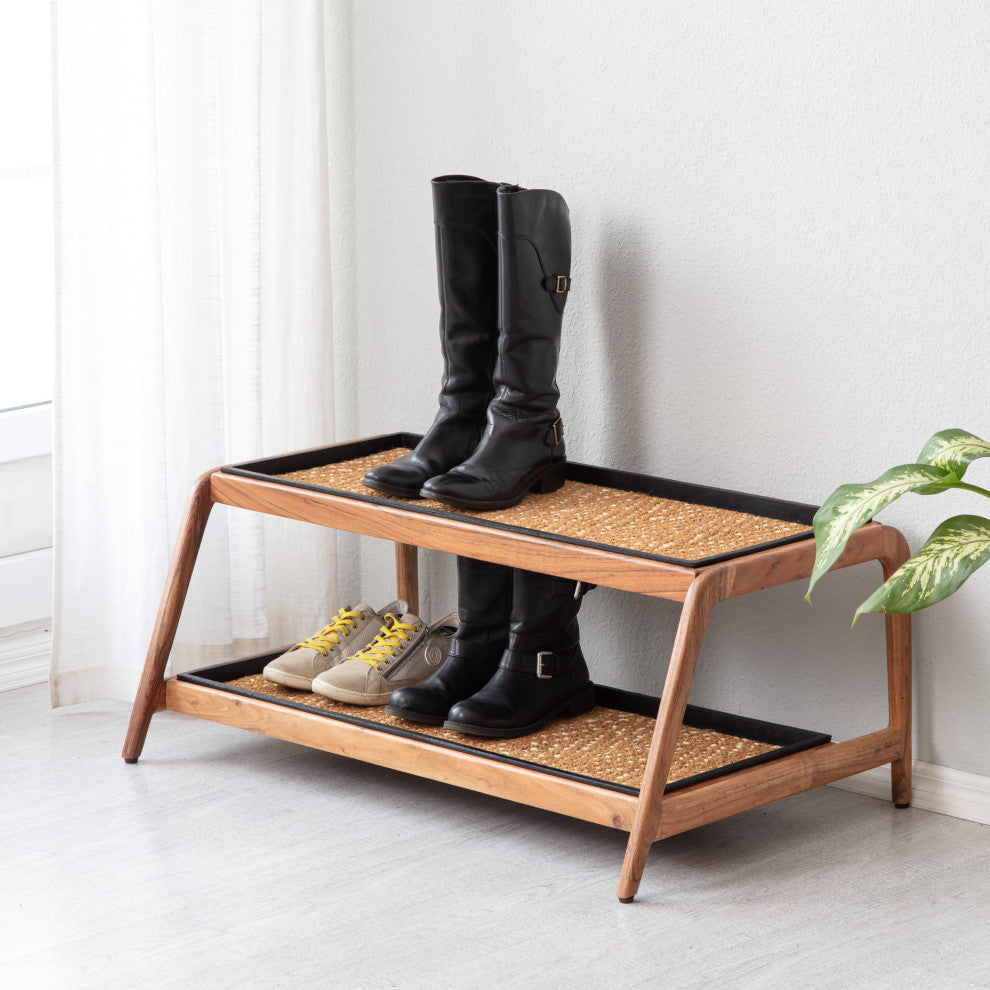 Double-Tier Natural Stand With 3-Pair Rubber Boot Trays Mersey