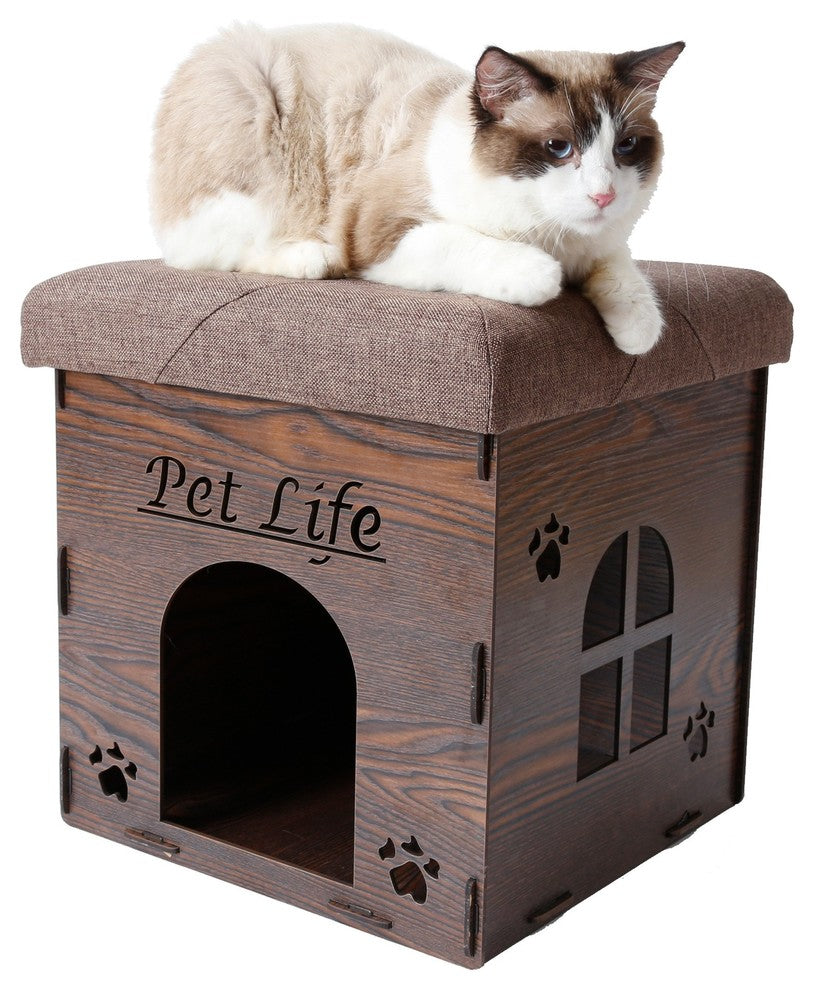 Foldaway Collapsible Designer Cat House Furniture Bench, Dark Wood