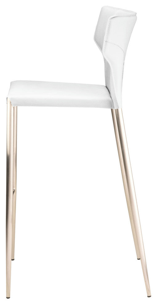 Wayne Bar Stool, Modern Barstool White Leather, Brushed Stainless Steel Legs