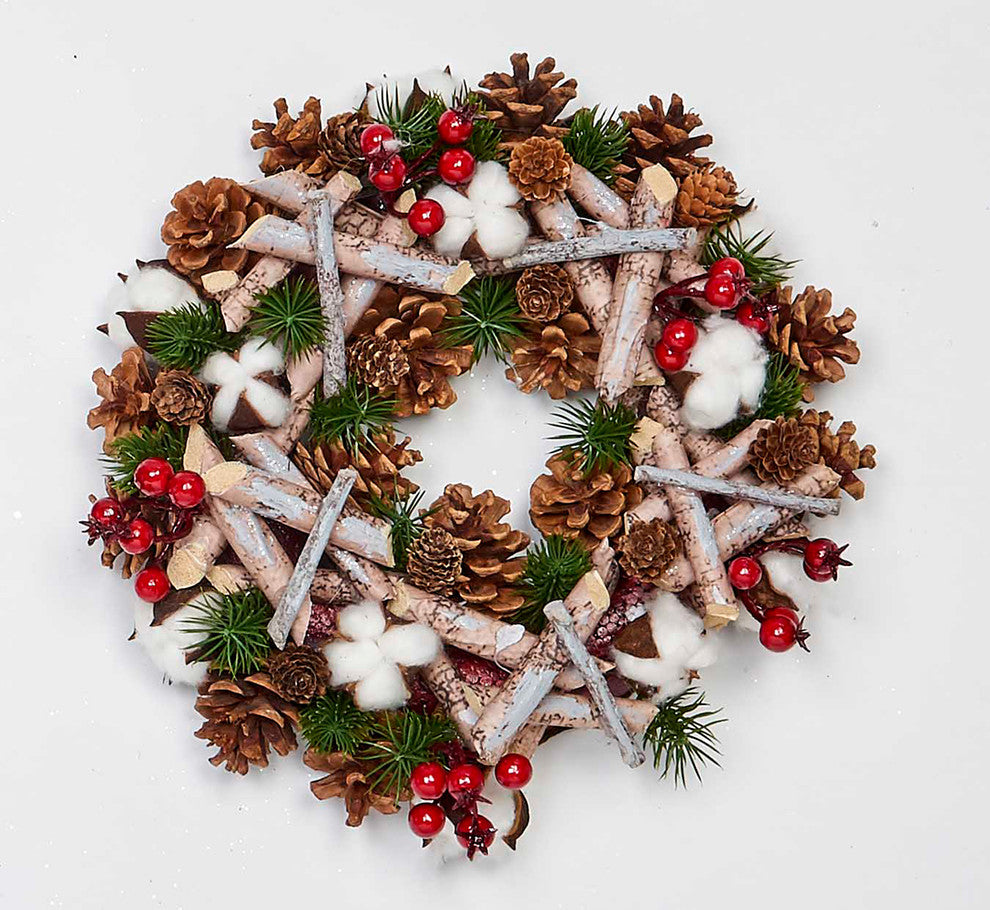 Artifical Birch Log Wreath With Pine Cones, Cotton and Berries, 12"